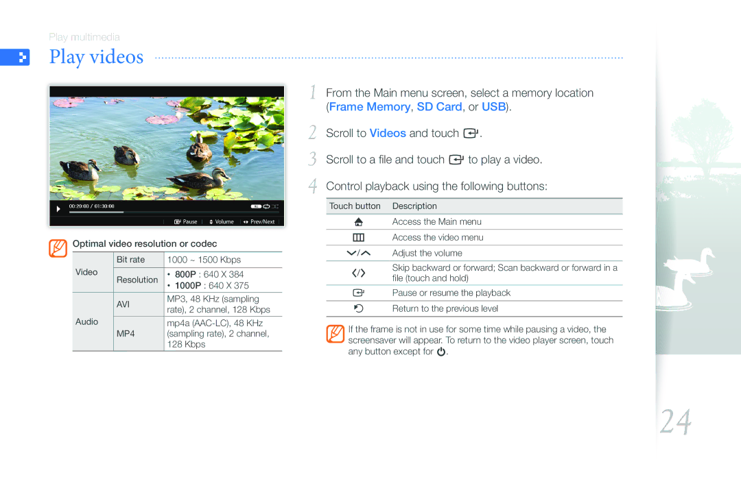 Samsung 800P user manual Play videos, From the Main menu screen, select a memory location, Scroll to Videos and touch e 