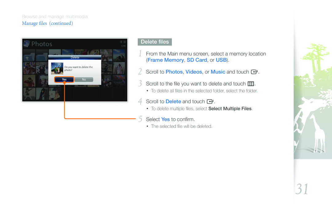 Samsung 800P user manual Delete files, Scroll to Delete and touch e, Select Yes to confirm 