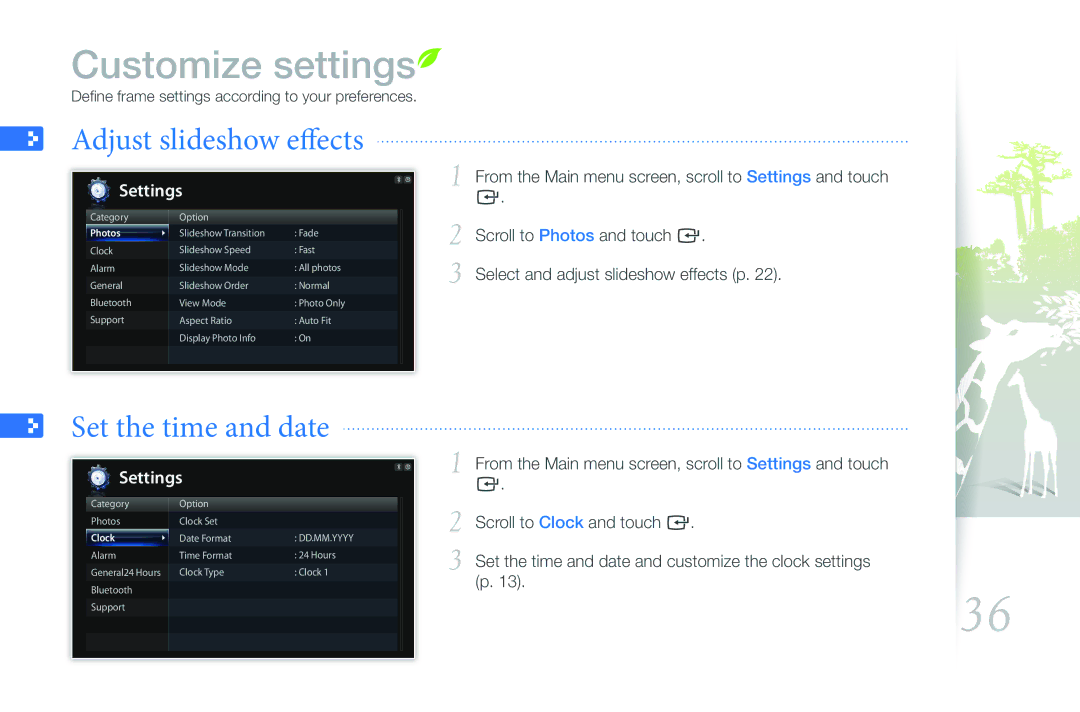 Samsung 800P user manual Adjust slideshow effects, Set the time and date 