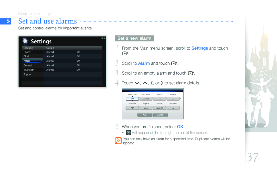 Samsung 800P user manual Set and use alarms, Set a new alarm, When you are finished, select OK 