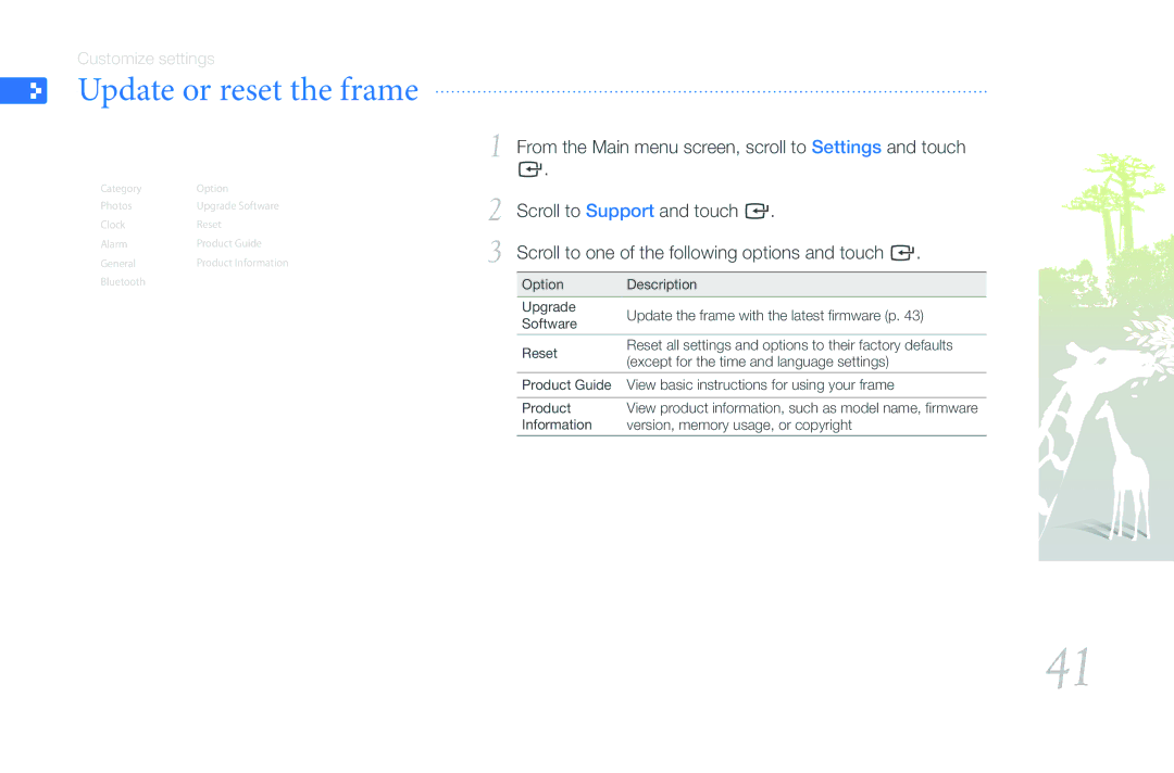 Samsung 800P user manual Update or reset the frame 