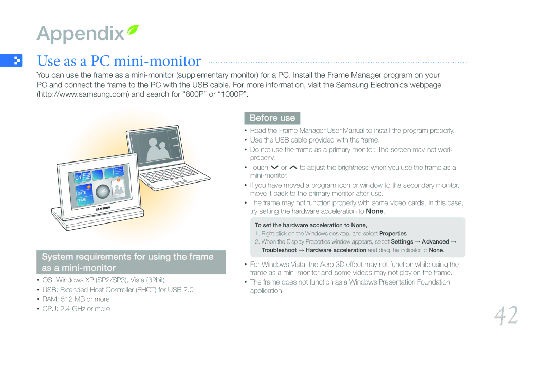 Samsung 800P user manual Use as a PC mini-monitor, System requirements for using the frame as a mini-monitor, Before use 