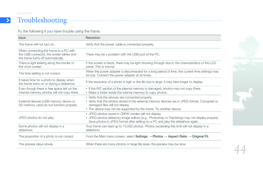 Samsung 800P user manual Troubleshooting, Try the following if you have trouble using the frame 