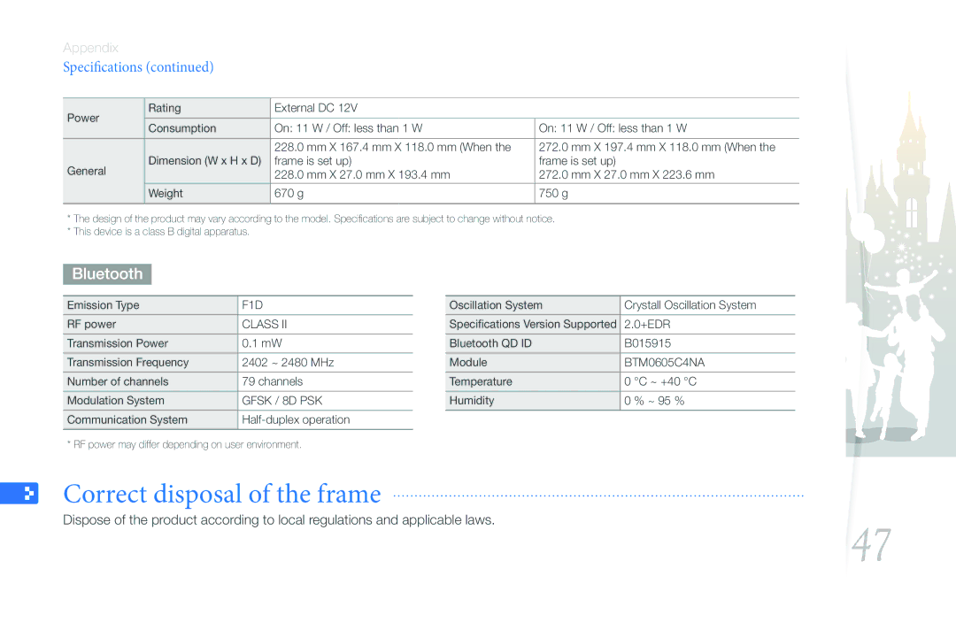 Samsung 800P user manual Correct disposal of the frame, Bluetooth 