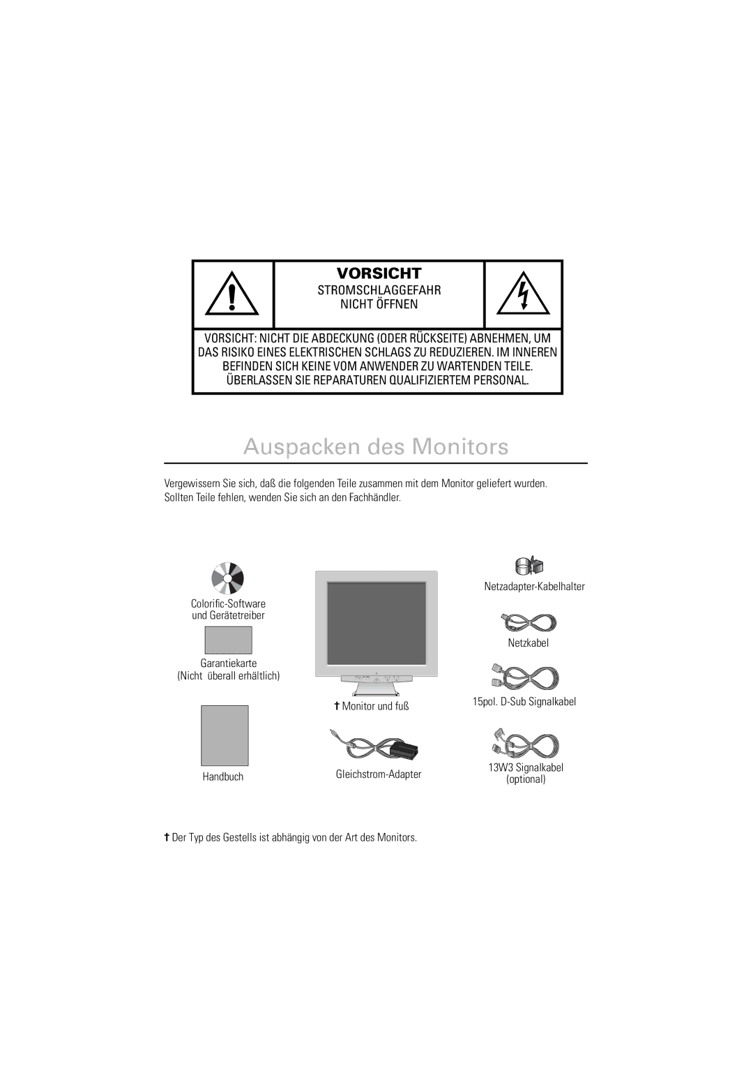 Samsung DV18MSTAN/EDC, 800TFT, LSA800SN/XEG, DV18MSPAN/EDC manual Auspacken des Monitors, Vorsicht 