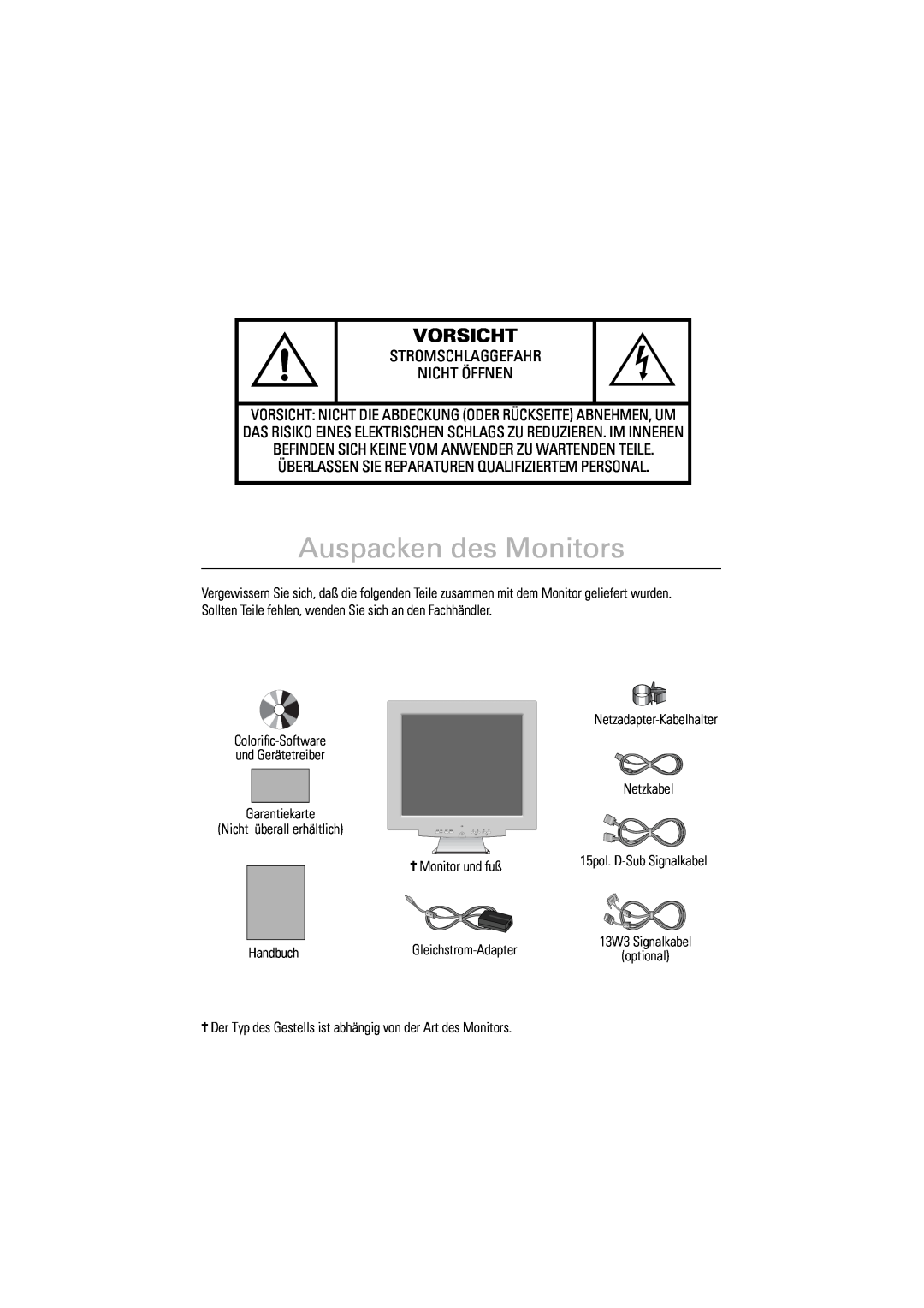 Samsung DV18MSTAN/EDC, 800TFT, LSA800SN/XEG, DV18MSPAN/EDC Auspacken des Monitors, Vorsicht, Stromschlaggefahr Nicht Öffnen 
