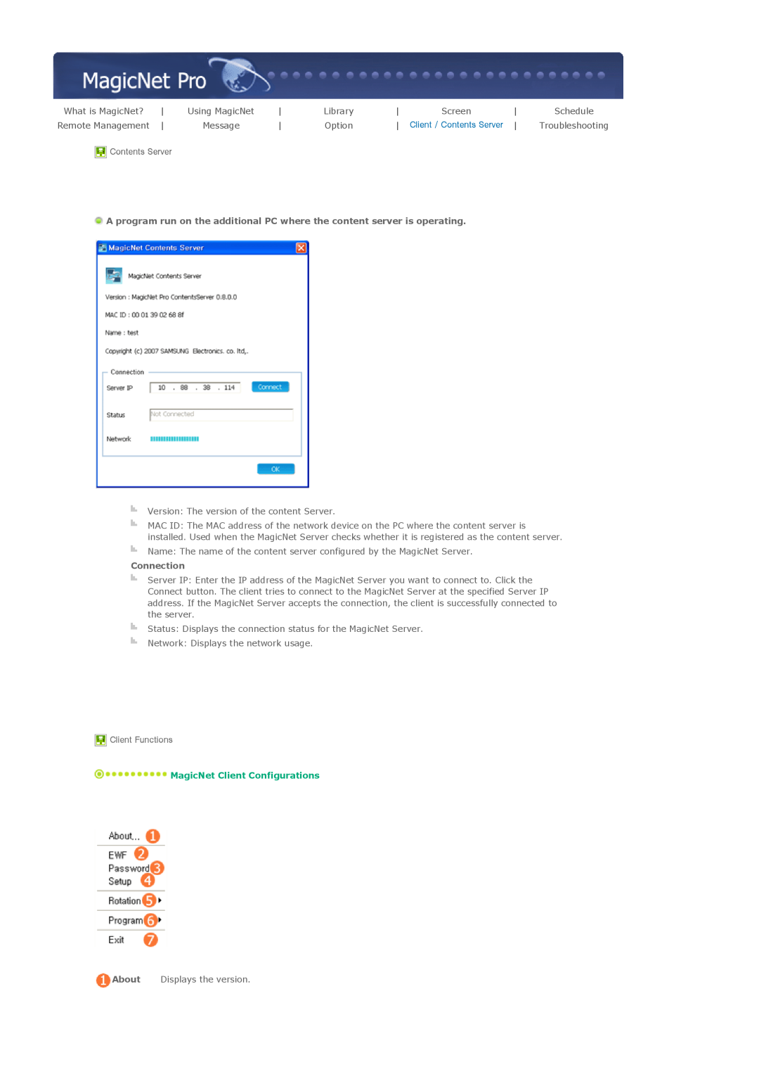 Samsung 700DXn, 820DXN Library, Option, Contents Server, Connection, Client Functions, MagicNet Client Configurations 