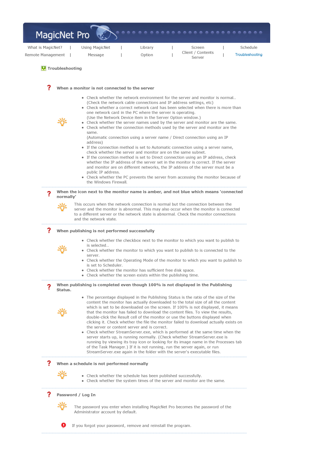 Samsung 700DXn Library, Option, Troubleshooting When a monitor is not connected to the server, Status, Password / Log In 