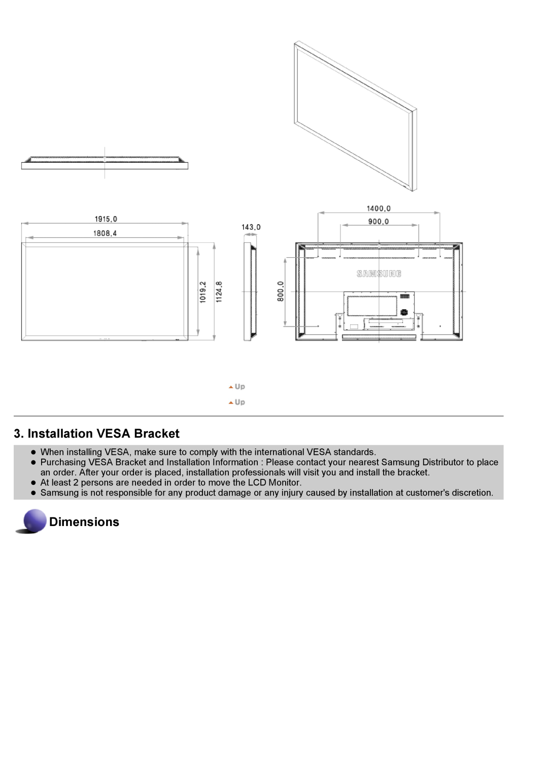 Samsung 700DXn, 820DXN specifications Installation VESA Bracket, Dimensions 