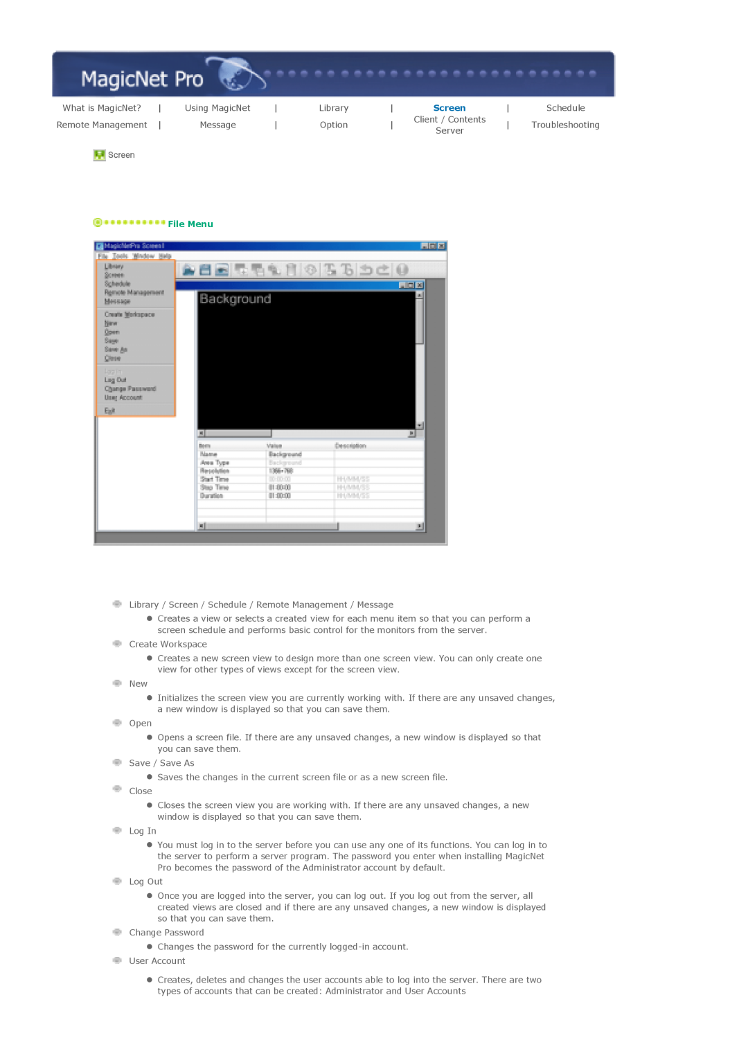 Samsung 820DXN, 700DXn specifications Library, Screen, Option, File Menu 