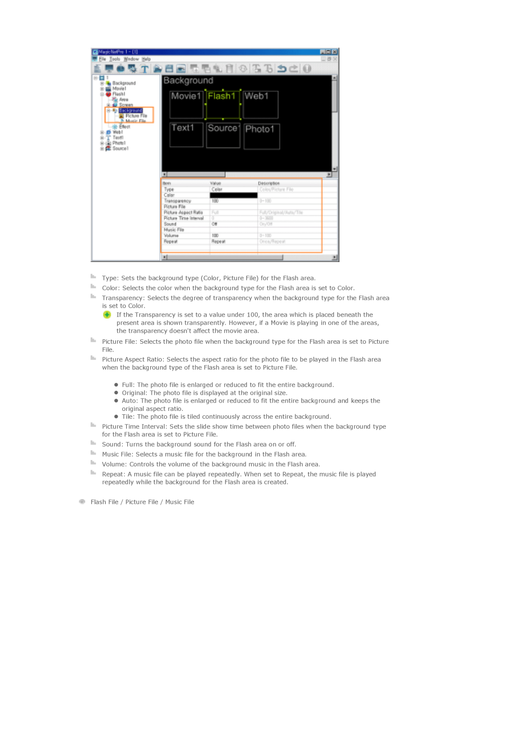 Samsung 700DXn, 820DXN specifications Type Sets the background type Color, Picture File for the Flash area 