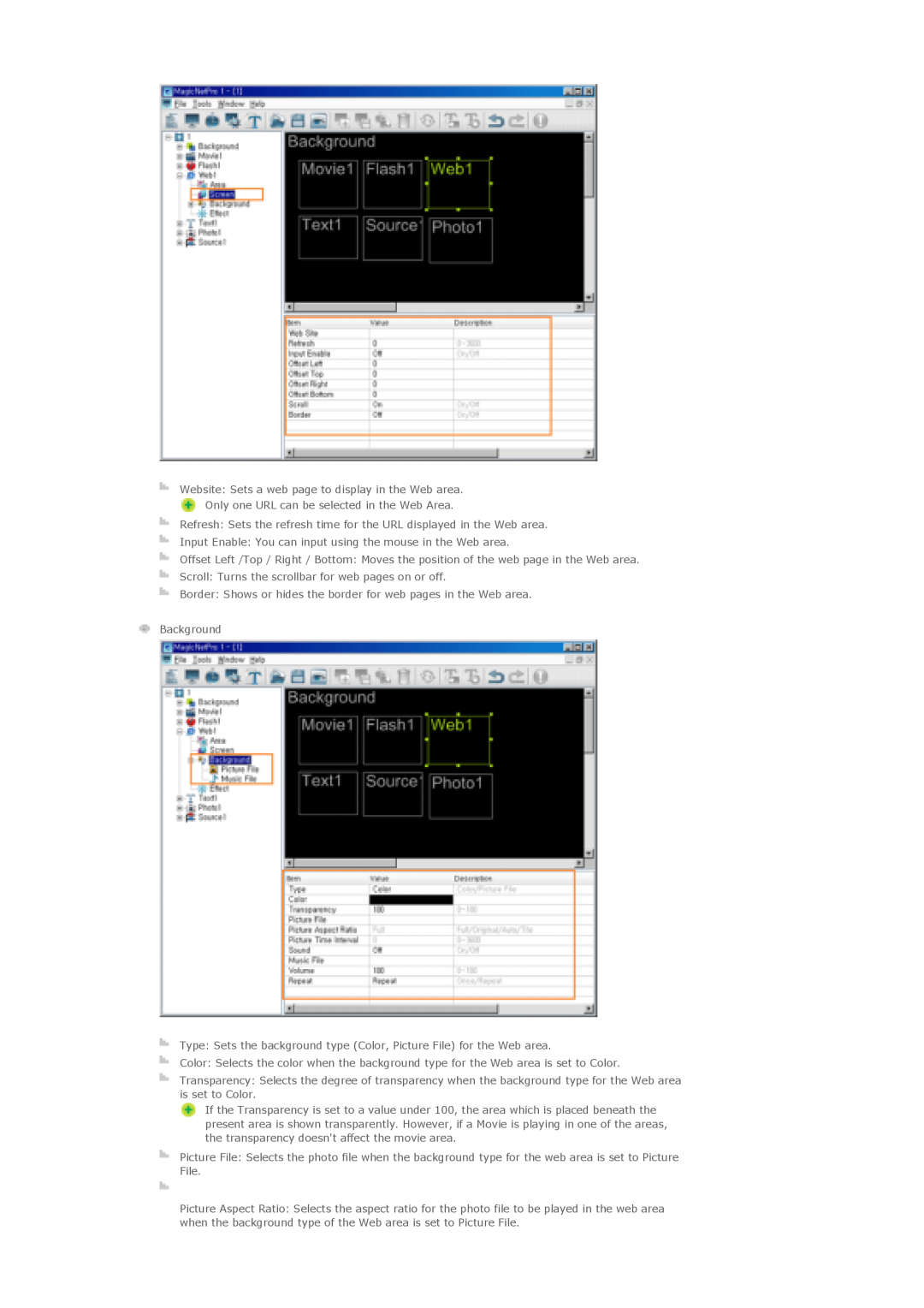 Samsung 820DXN, 700DXn Website Sets a web page to display in the Web area, Only one URL can be selected in the Web Area 
