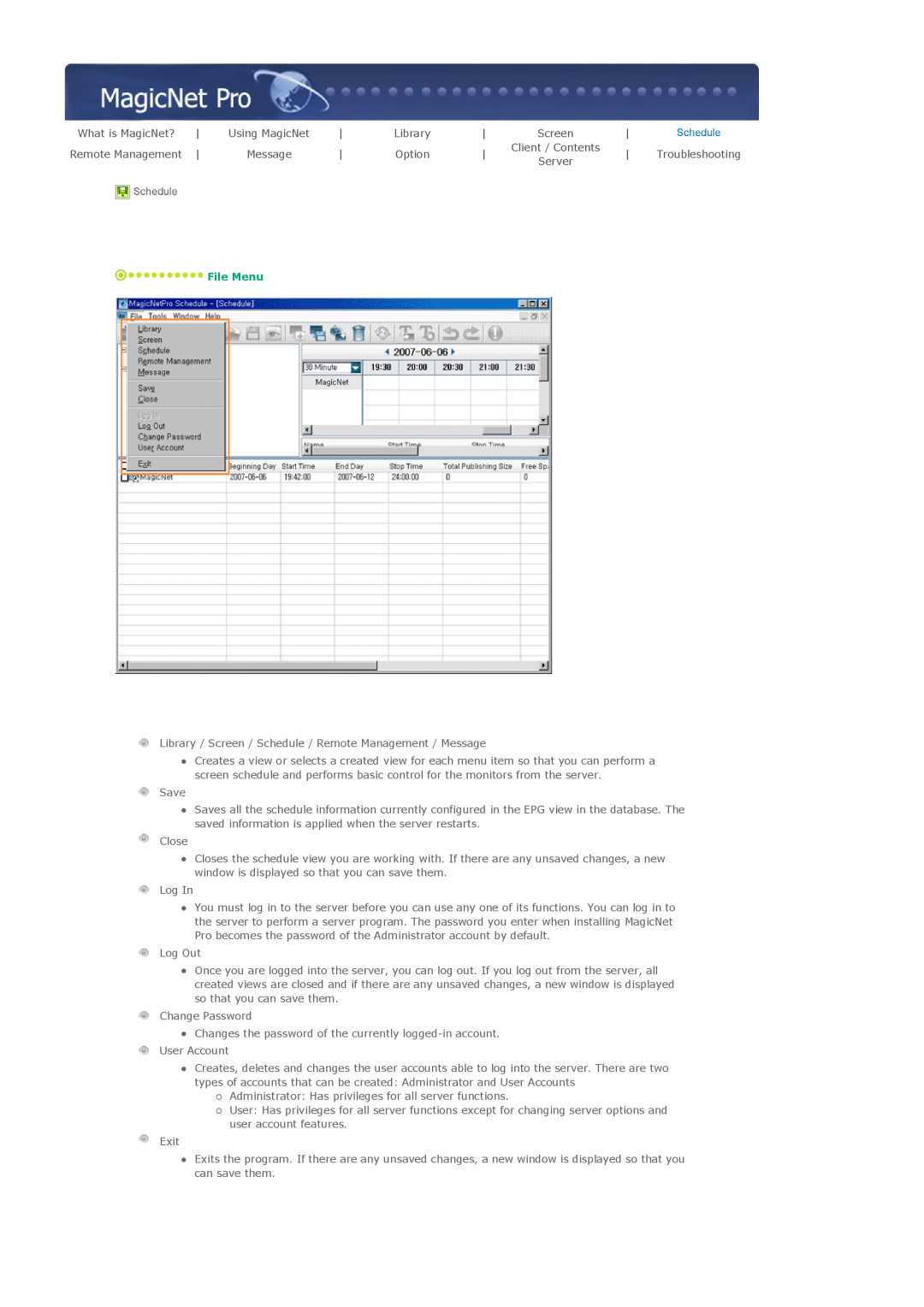 Samsung 820DXN, 700DXn specifications Library, Option, Schedule, File Menu 