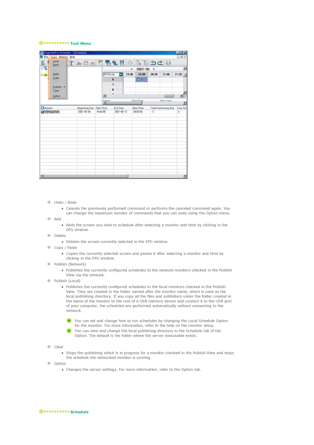 Samsung 700DXn, 820DXN specifications Tool Menu, Schedule 