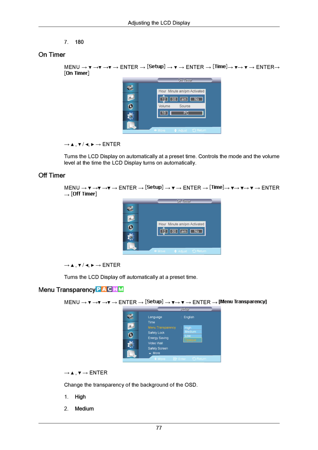 Samsung 820TSN-2, 700TSN-2 user manual On Timer, Off Timer, Menu Transparency, High Medium 