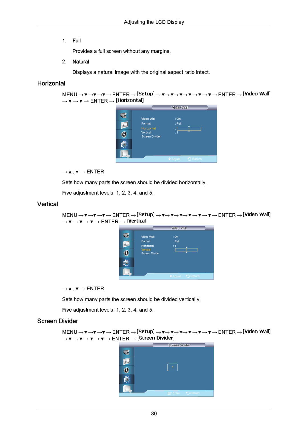 Samsung 700TSN-2, 820TSN-2 user manual Horizontal, Vertical, Screen Divider, Full, Natural 