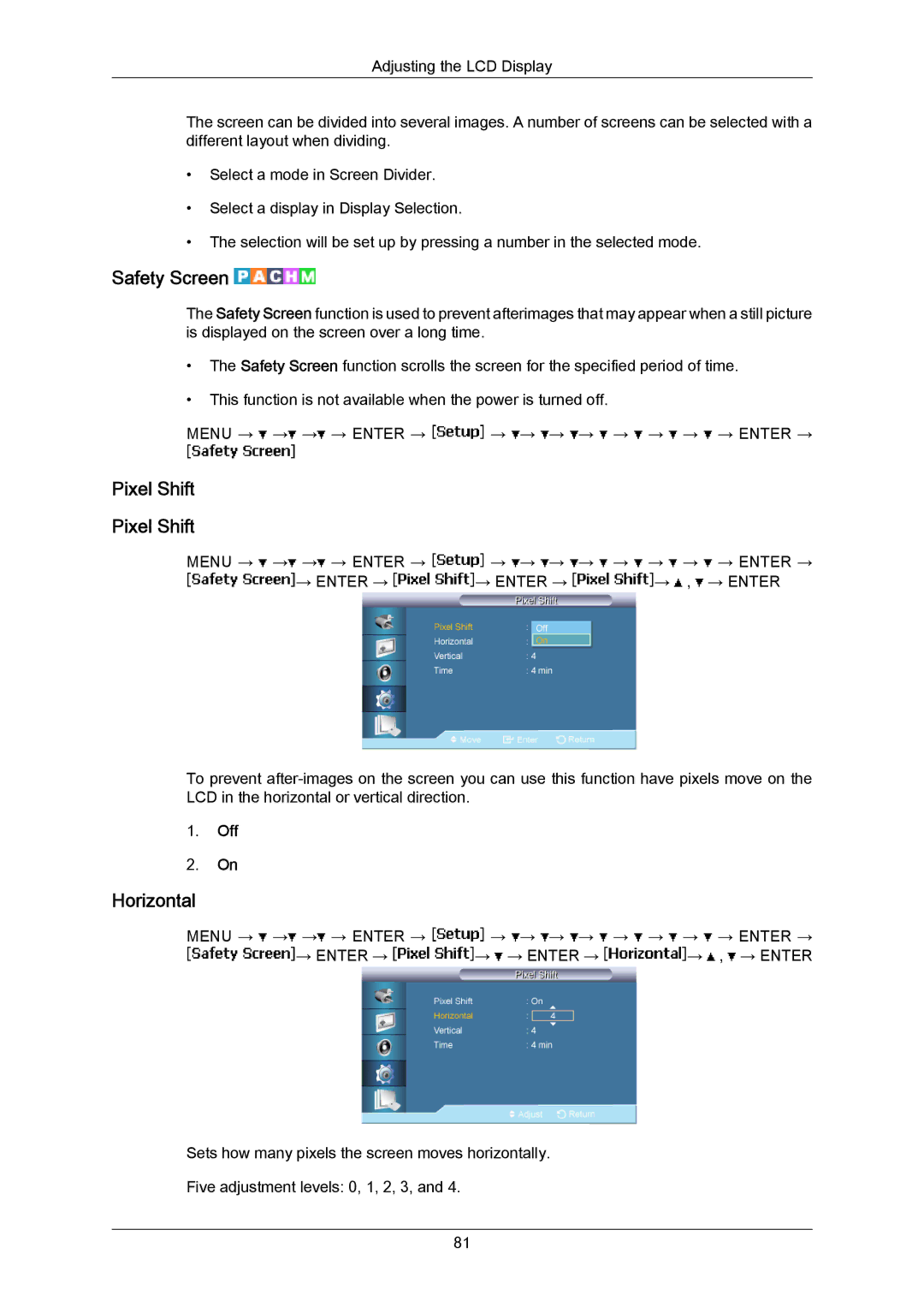 Samsung 820TSN-2, 700TSN-2 user manual Safety Screen, Pixel Shift 