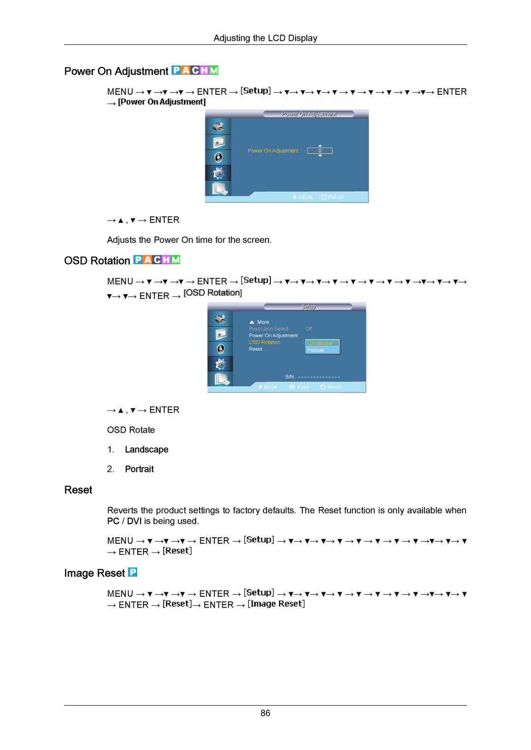 Samsung 700TSN-2, 820TSN-2 user manual Power On Adjustment, OSD Rotation, Image Reset, Landscape Portrait 