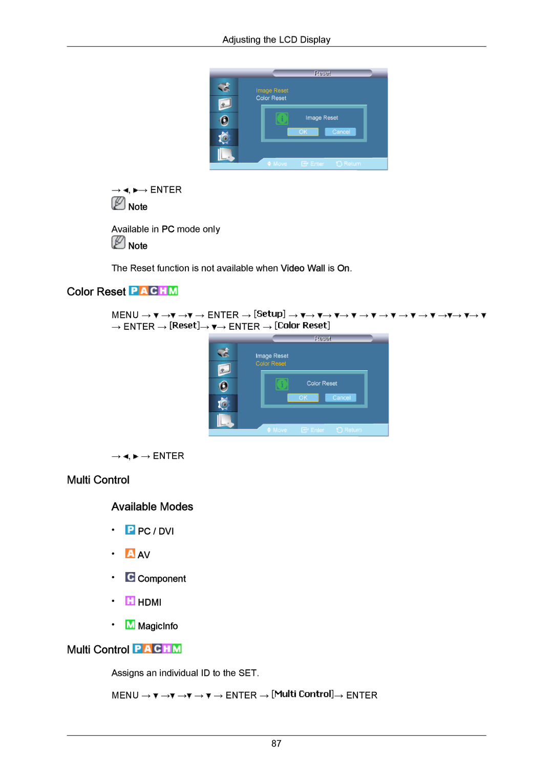 Samsung 820TSN-2, 700TSN-2 user manual Color Reset, Multi Control Available Modes 