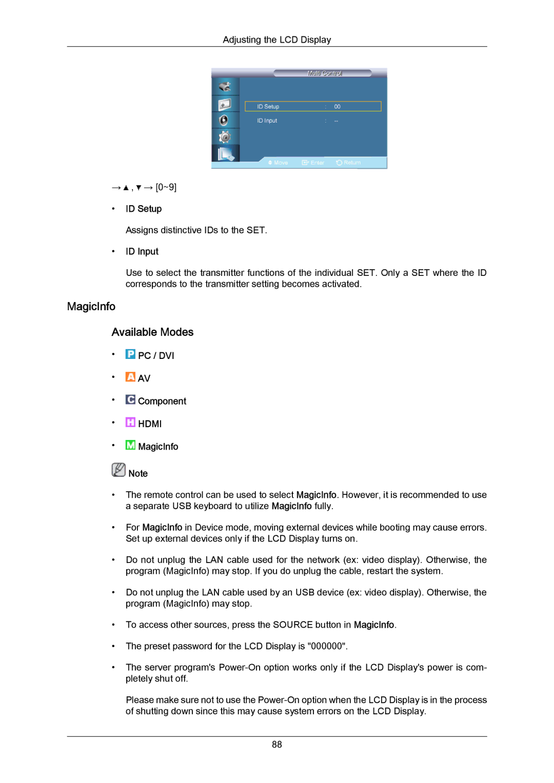 Samsung 700TSN-2, 820TSN-2 user manual MagicInfo Available Modes, ID Setup, ID Input 