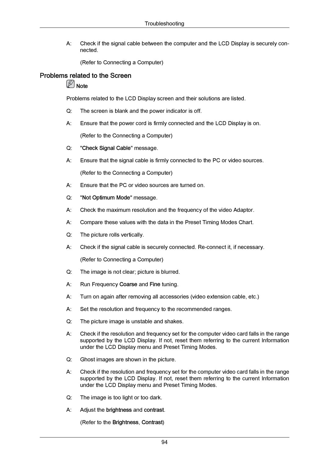 Samsung 700TSN-2, 820TSN-2 user manual Problems related to the Screen, Check Signal Cable message, Not Optimum Mode message 