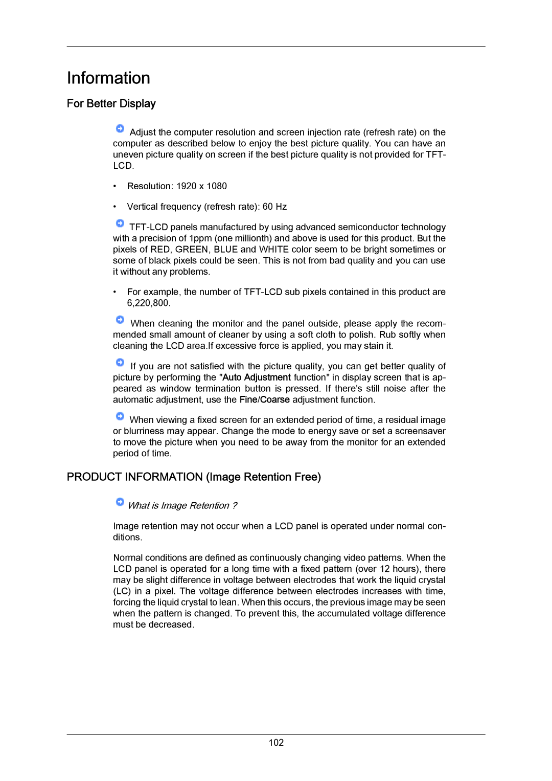 Samsung 700TSN-2, 820TSN-2 user manual For Better Display, Product Information Image Retention Free 