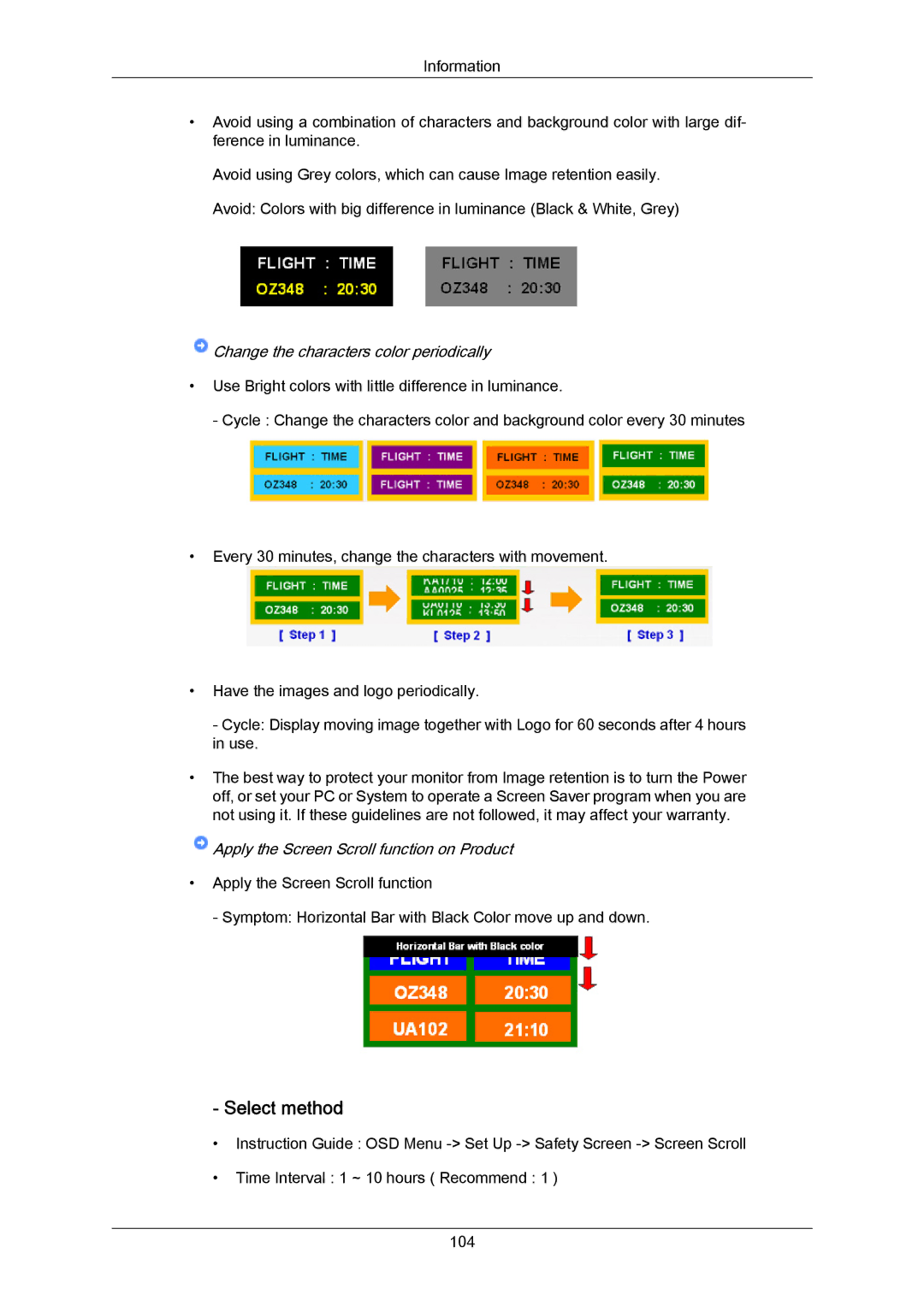 Samsung 700TSN-2, 820TSN-2 user manual Select method, Change the characters color periodically 