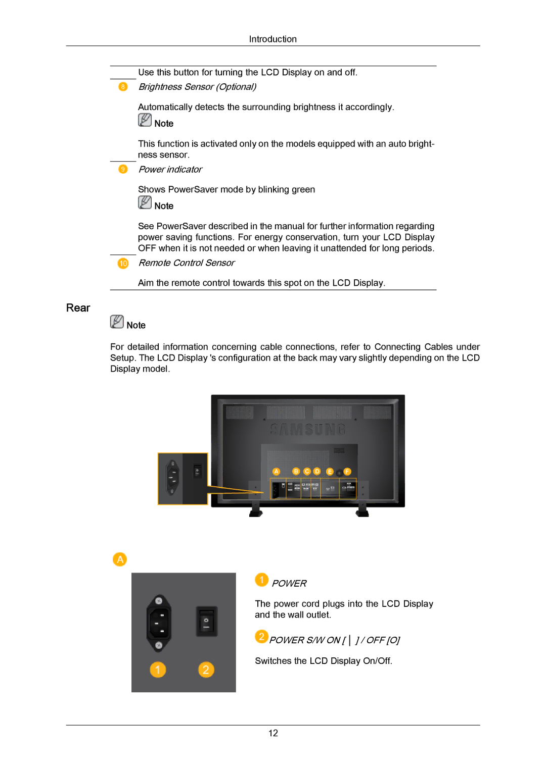 Samsung 700TSN-2, 820TSN-2 user manual Rear, Brightness Sensor Optional 