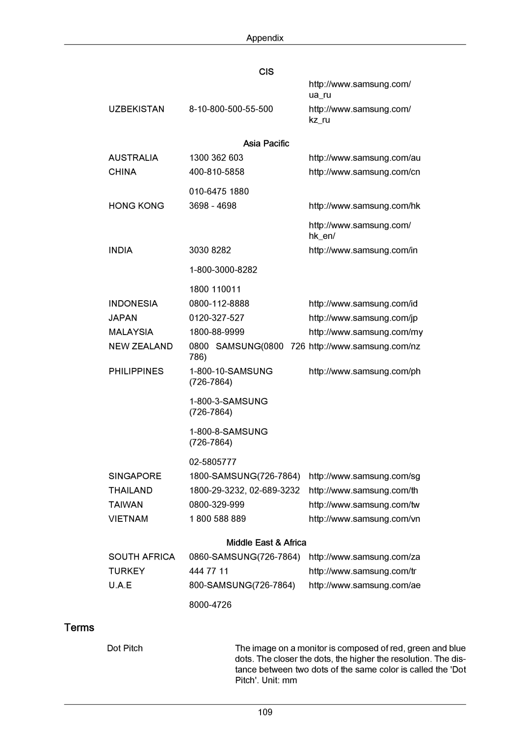 Samsung 820TSN-2, 700TSN-2 user manual Terms, Asia Pacific 