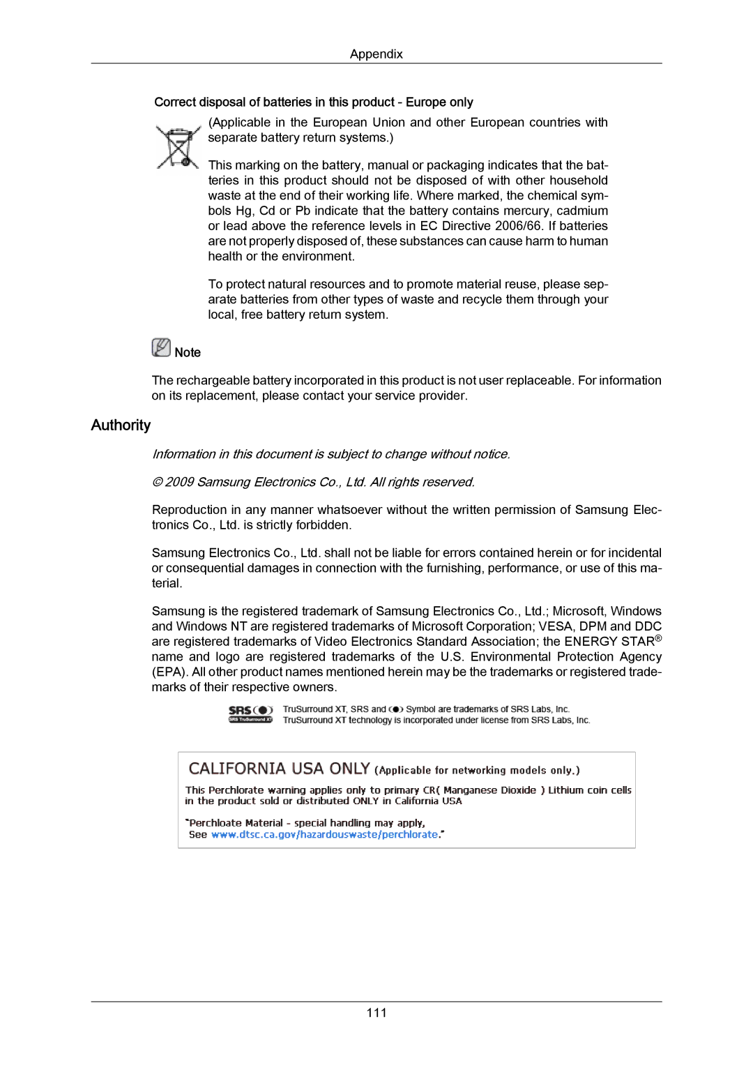 Samsung 820TSN-2, 700TSN-2 user manual Authority, Correct disposal of batteries in this product Europe only 