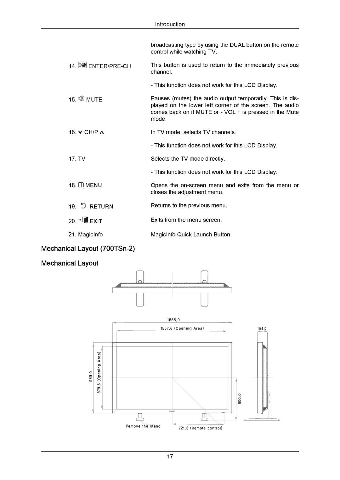 Samsung 820TSN-2, 700TSN-2 user manual Mechanical Layout 700TSn-2 