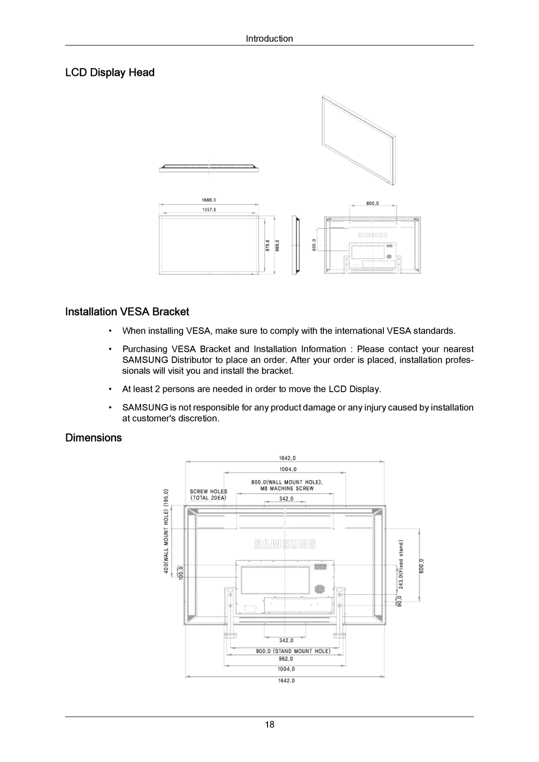 Samsung 700TSN-2, 820TSN-2 user manual LCD Display Head Installation Vesa Bracket, Dimensions 