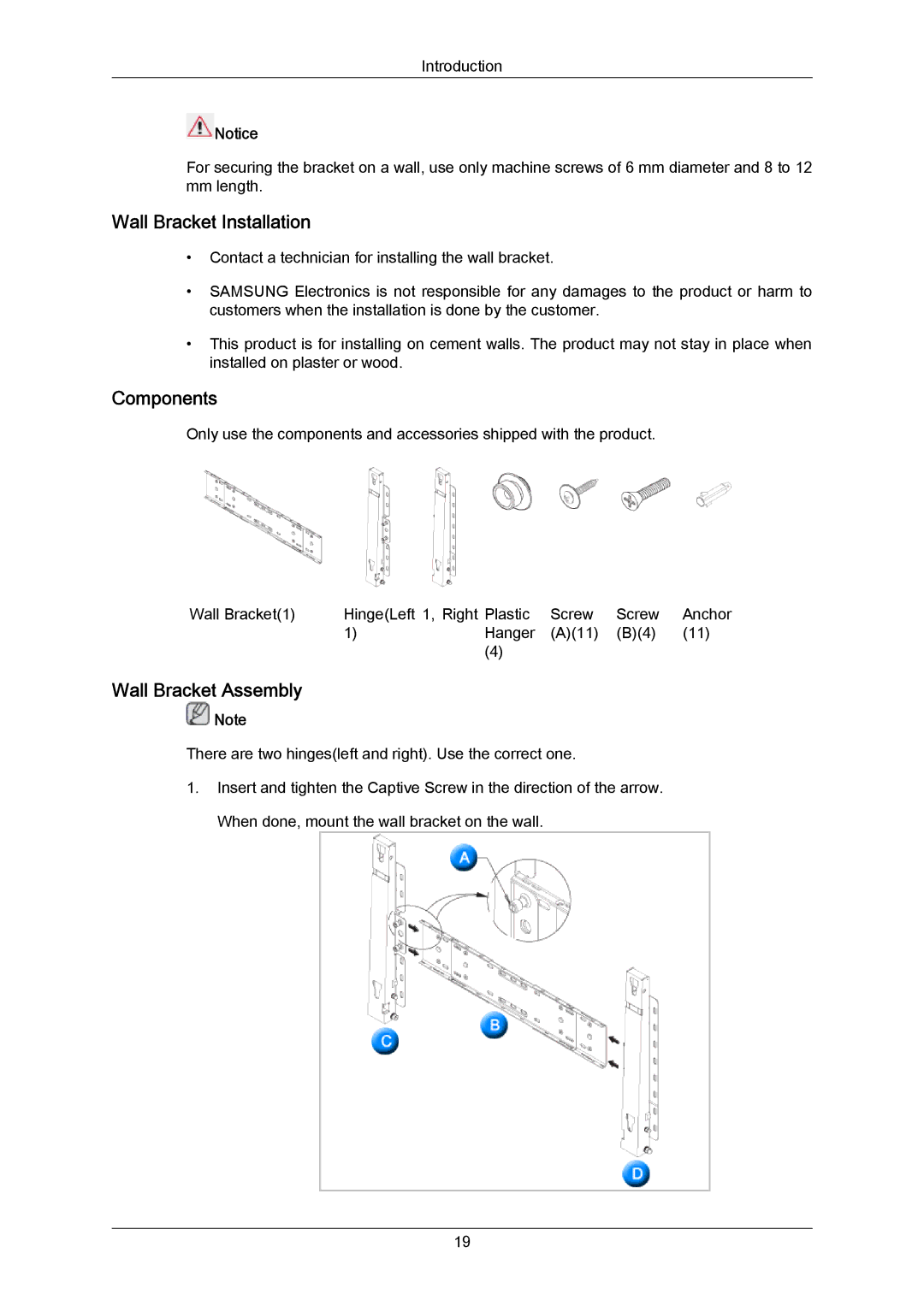 Samsung 820TSN-2, 700TSN-2 user manual Wall Bracket Installation, Components, Wall Bracket Assembly 