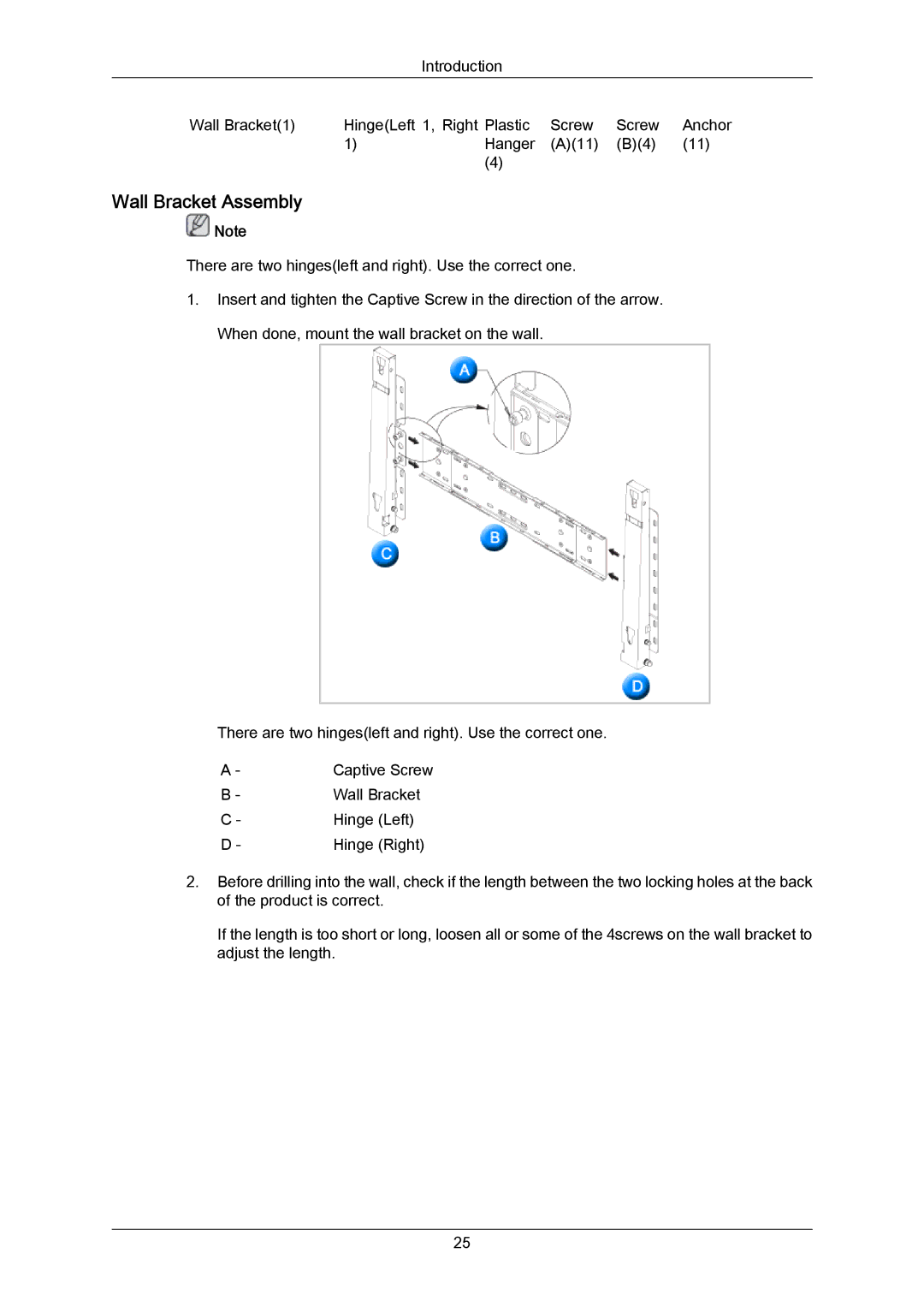 Samsung 820TSN-2, 700TSN-2 user manual Wall Bracket Assembly 