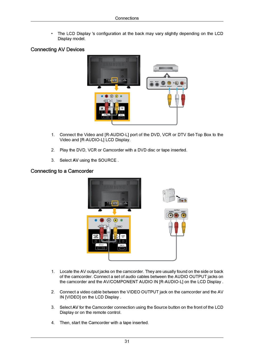 Samsung 820TSN-2, 700TSN-2 user manual Connecting AV Devices, Connecting to a Camcorder 