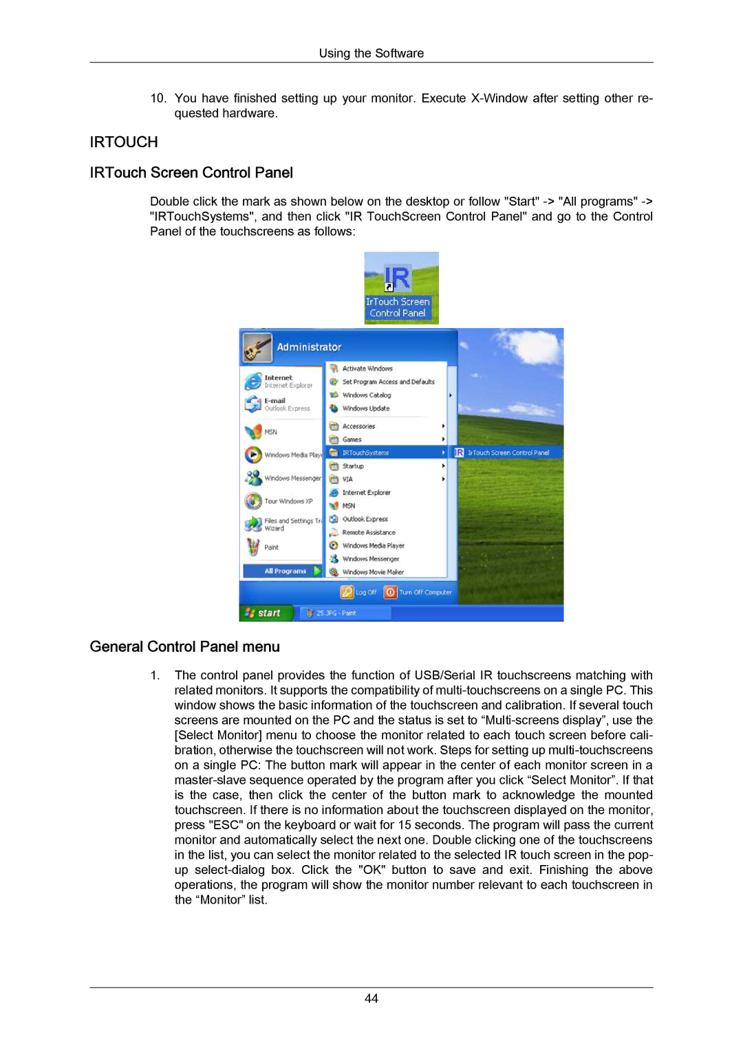 Samsung 700TSN-2, 820TSN-2 user manual IRTouch Screen Control Panel, General Control Panel menu 