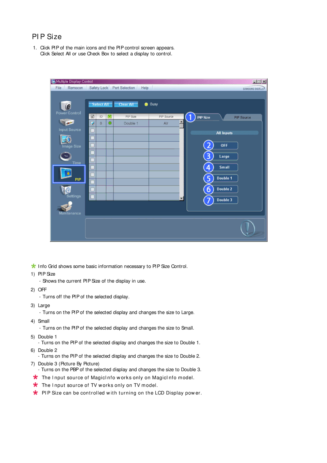 Samsung 700TSN-2, 820TSN-2 user manual PIP Size 