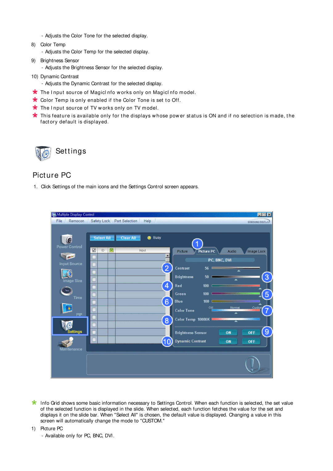 Samsung 820TSN-2, 700TSN-2 user manual Settings Picture PC 