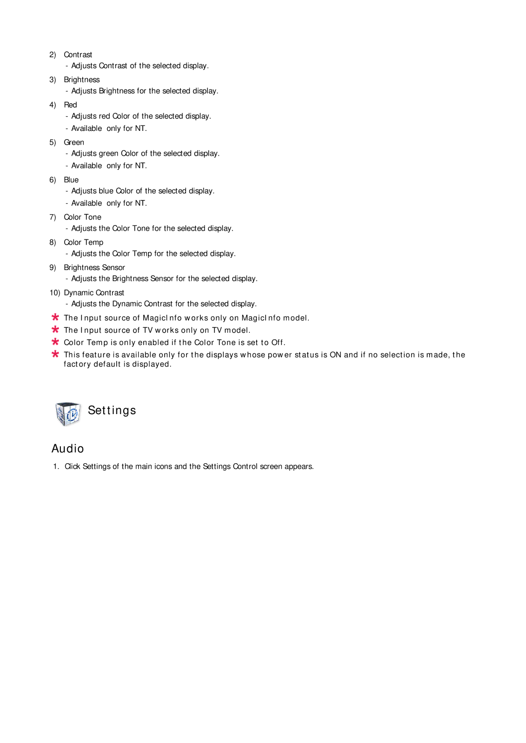 Samsung 700TSN-2, 820TSN-2 user manual Settings Audio 