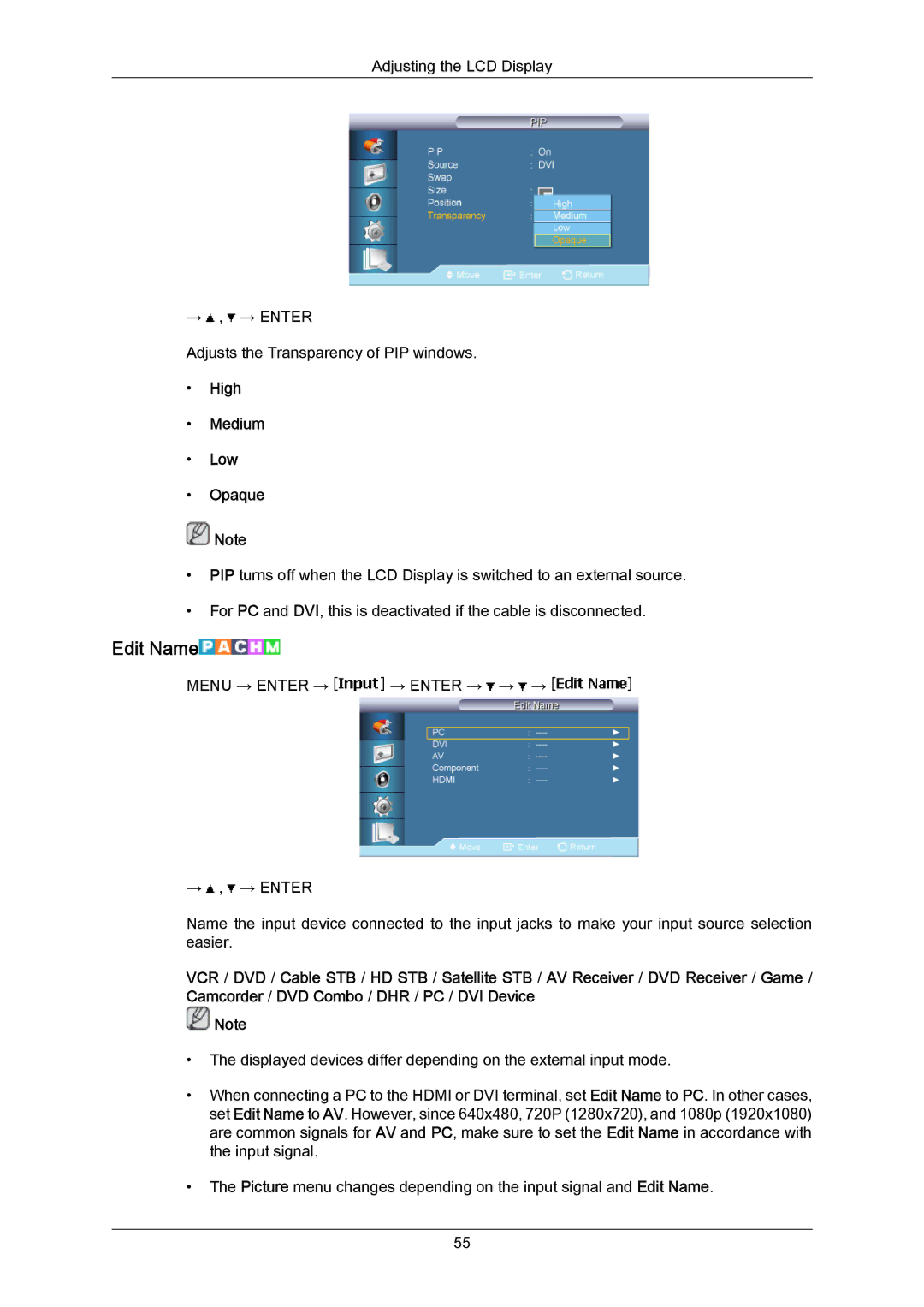 Samsung 820TSN-2, 700TSN-2 user manual Edit Name, High Medium Low Opaque 