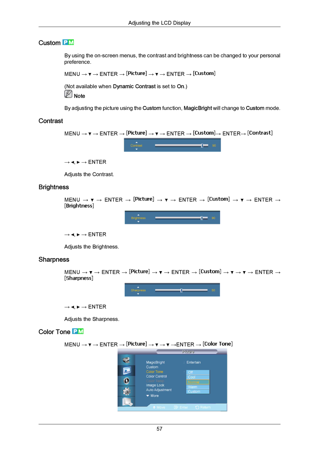 Samsung 820TSN-2, 700TSN-2 user manual Custom, Contrast, Brightness, Sharpness, Color Tone 