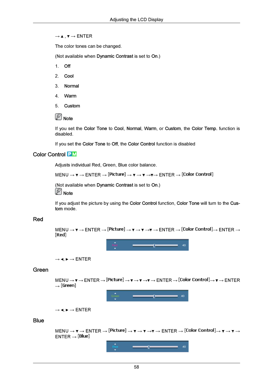 Samsung 700TSN-2, 820TSN-2 user manual Color Control, Red, Green, Blue 