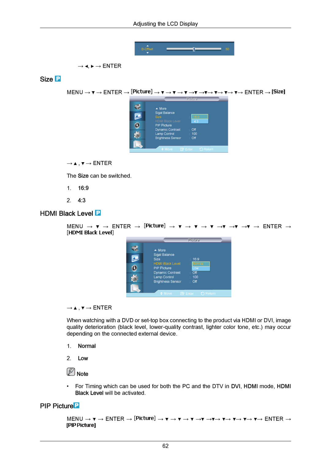 Samsung 700TSN-2, 820TSN-2 user manual Hdmi Black Level, PIP Picture, Normal Low 