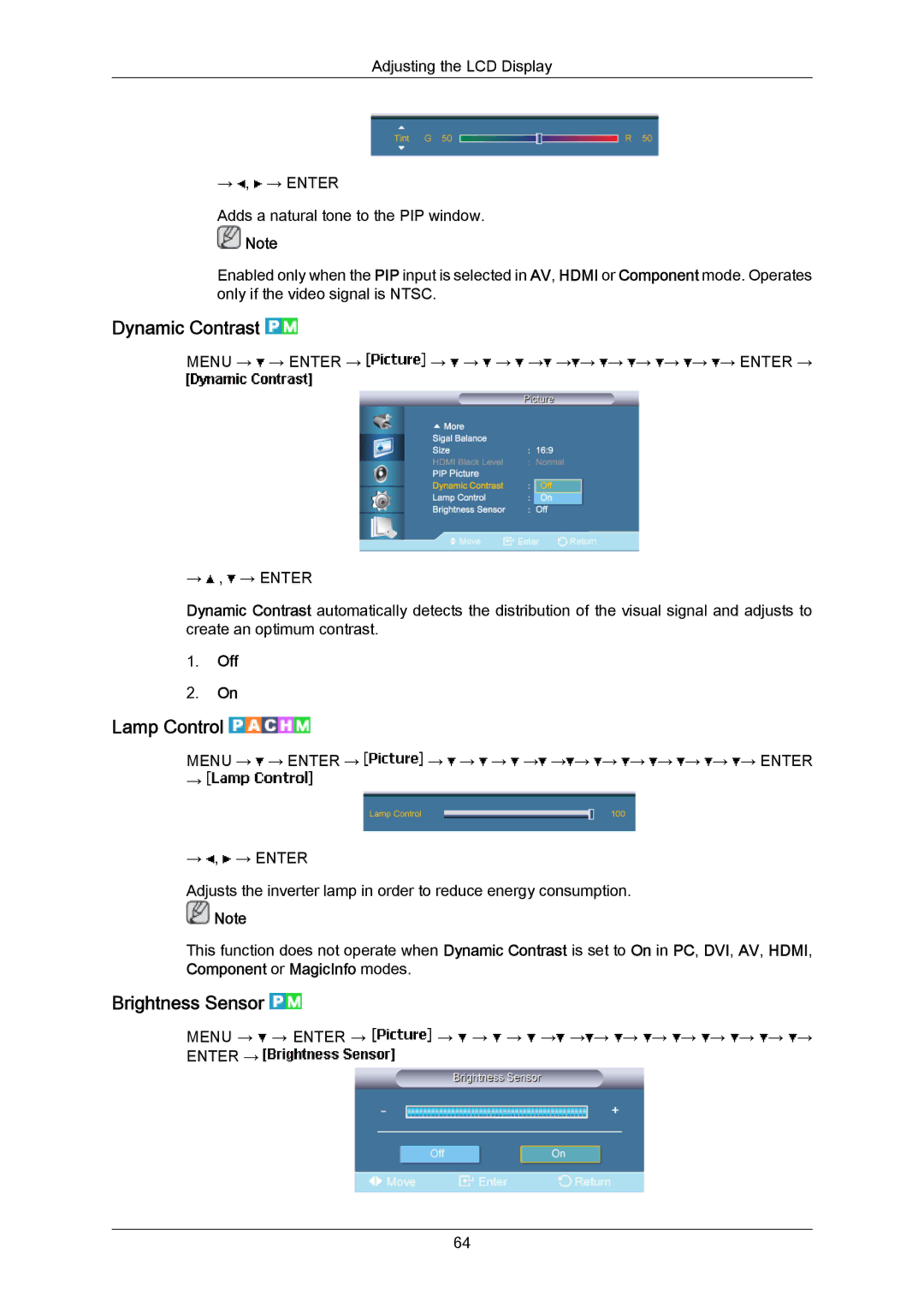 Samsung 700TSN-2, 820TSN-2 user manual Dynamic Contrast, Lamp Control, Brightness Sensor 