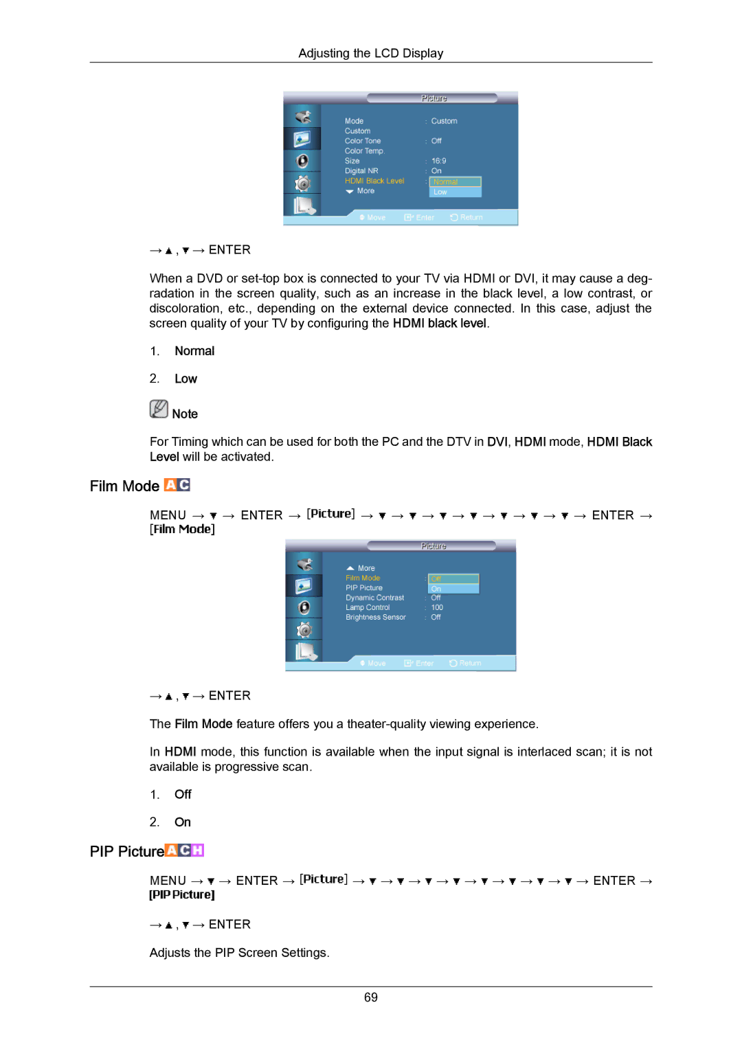 Samsung 820TSN-2, 700TSN-2 user manual Film Mode, Normal Low 