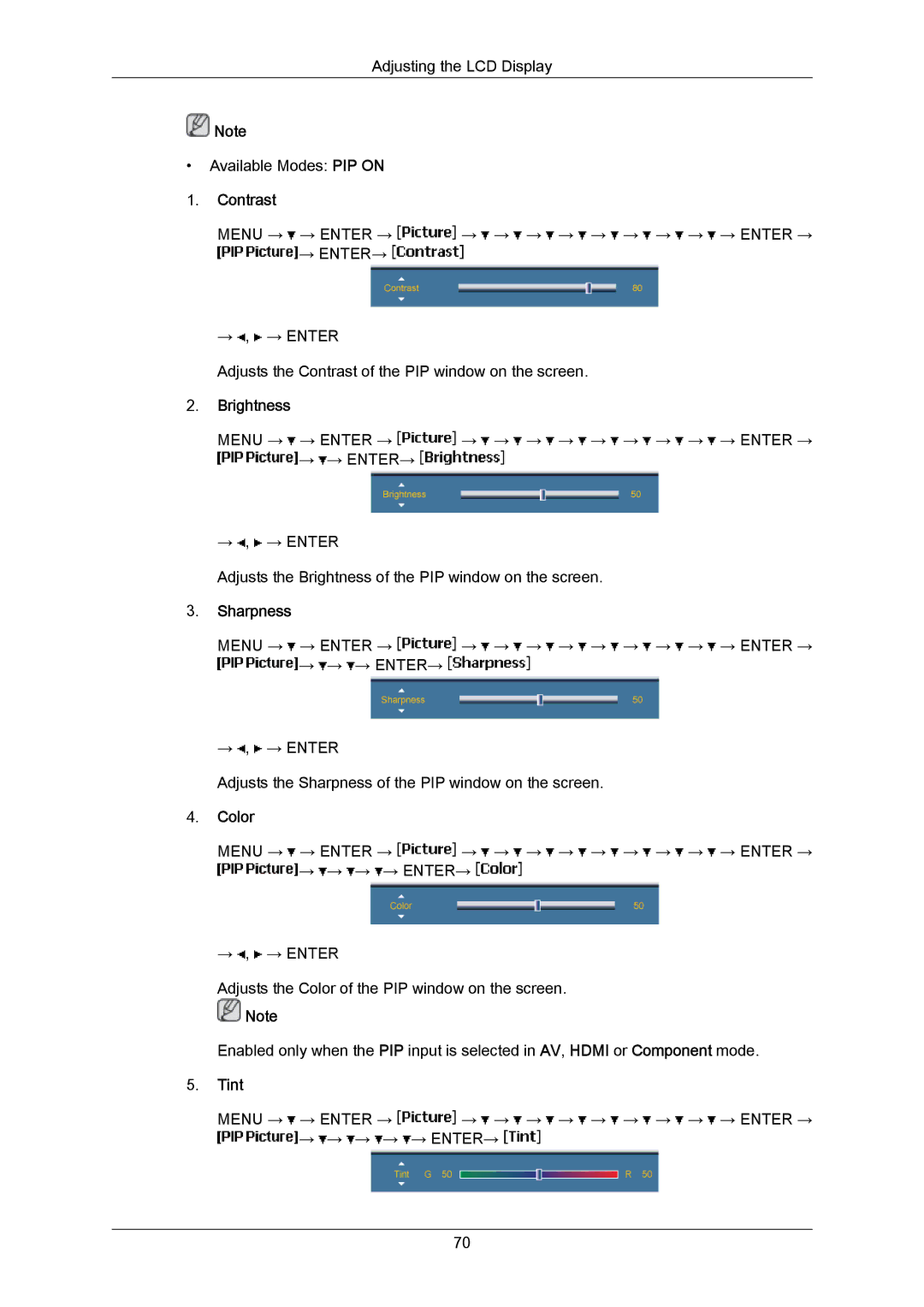 Samsung 700TSN-2, 820TSN-2 user manual Adjusting the LCD Display Available Modes PIP on 