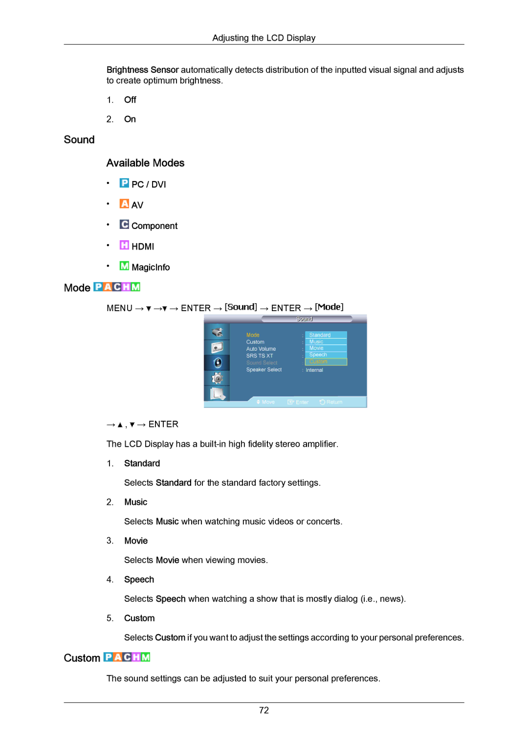 Samsung 700TSN-2, 820TSN-2 user manual Sound Available Modes, Music, Speech 