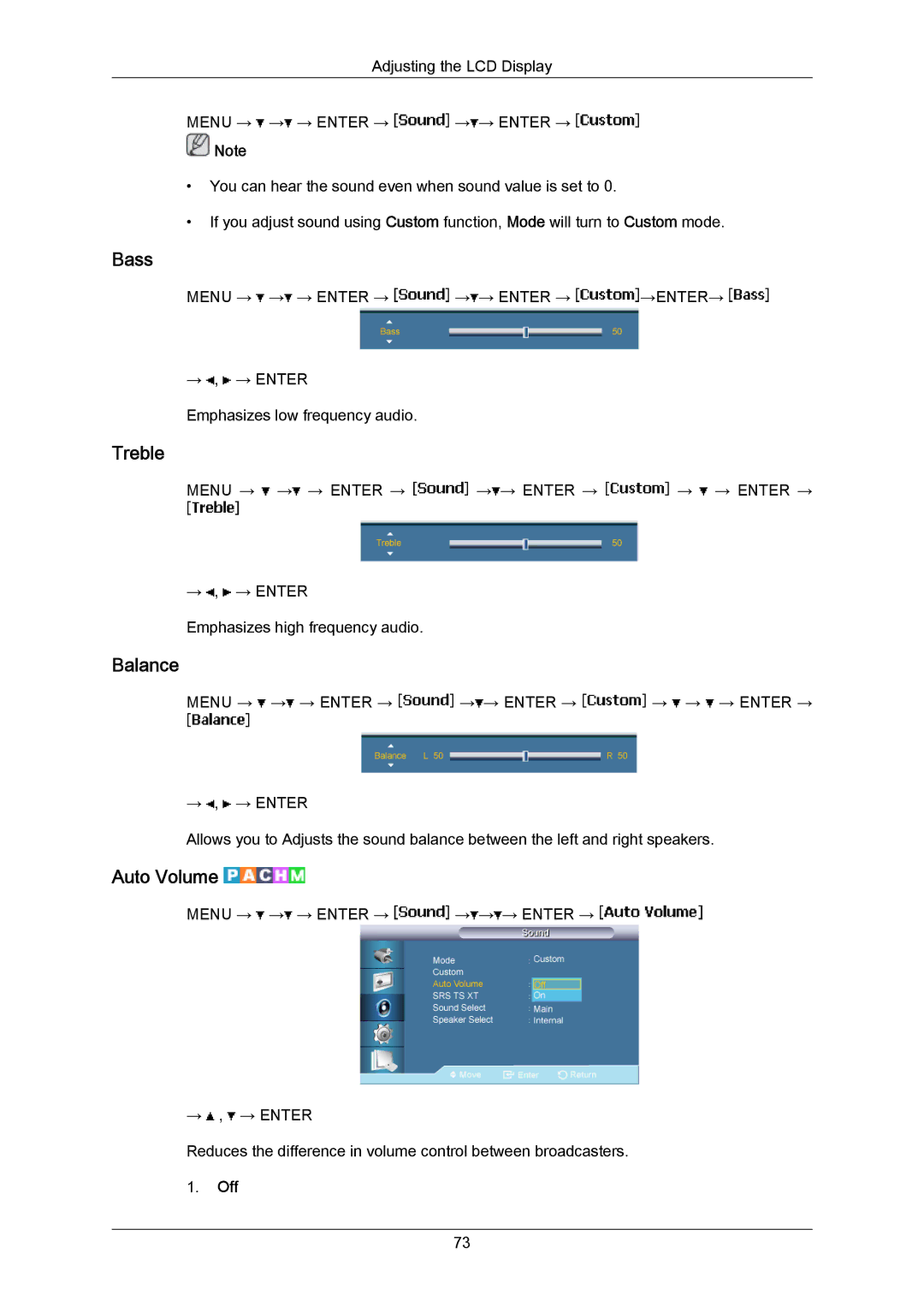 Samsung 820TSN-2, 700TSN-2 user manual Bass, Treble, Balance, Auto Volume 