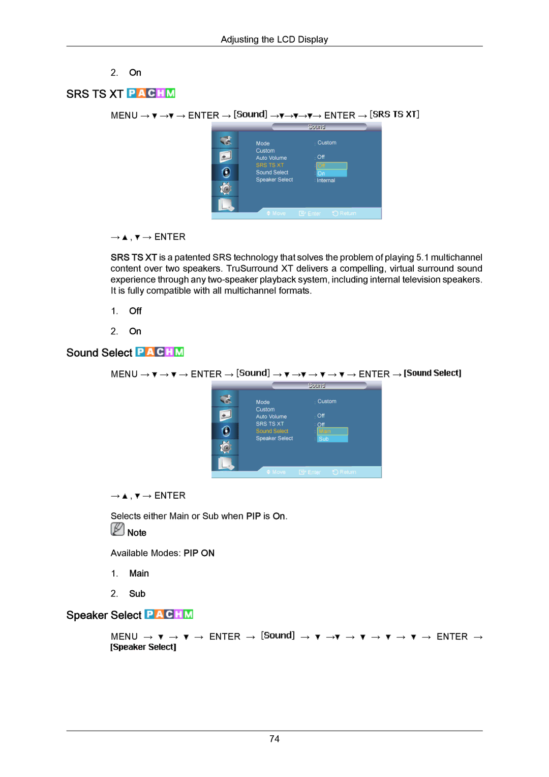 Samsung 700TSN-2, 820TSN-2 user manual Sound Select, Speaker Select, Main Sub 