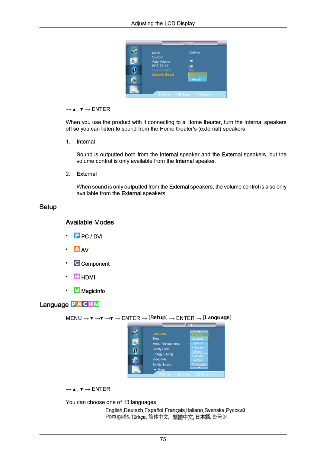 Samsung 820TSN-2, 700TSN-2 user manual Setup Available Modes, Language, Internal, External 